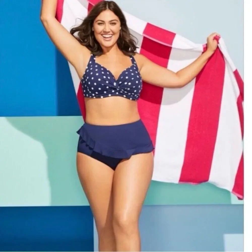 Land’s End Plus Standard twist polka dot bikini top underwire Navy white Various